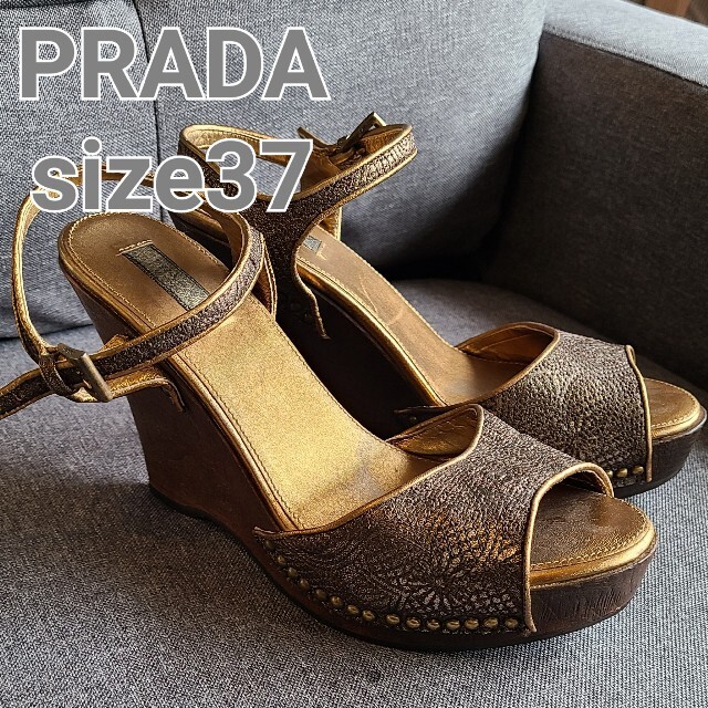 PRADAプラダ スタッズフラワー柄サンダル ブラウンsize37レディース