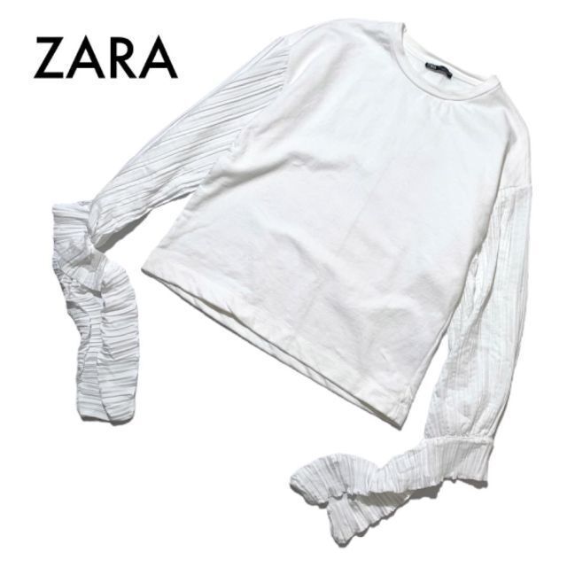 ZARA(ザラ)のザラ 異素材MIXブラウス シャツ 白 オーバーサイズスウェット L 古着個性的 レディースのトップス(シャツ/ブラウス(長袖/七分))の商品写真