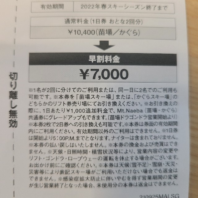 スキー場苗場、かぐらスキー場　１日券　５回分