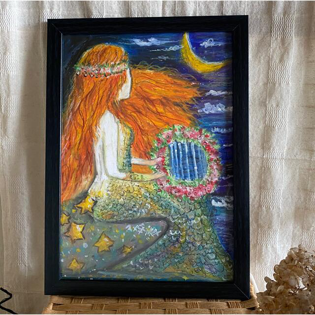 絵画。壁掛け絵原画手描き【星がこぼれた海岸線に人魚の思いが遠くに