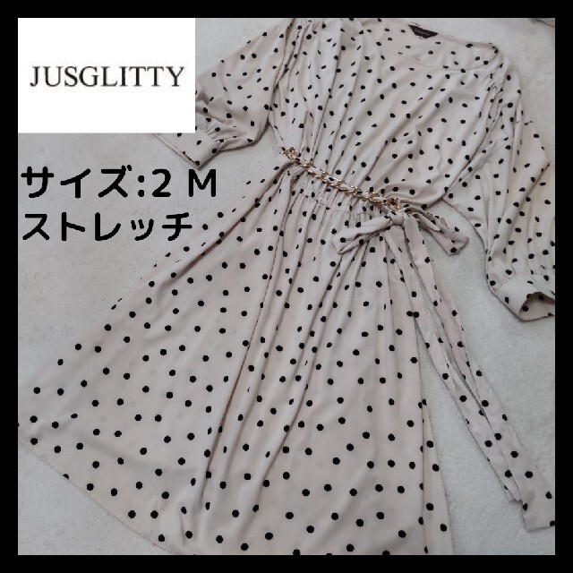 JUSGLITTY(ジャスグリッティー)の【JUSGLITTY】ゴールドチェーンストレッチドットワンピース昭和レトロ レディースのワンピース(ひざ丈ワンピース)の商品写真