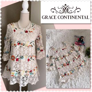 グレースコンチネンタル(GRACE CONTINENTAL)の♡グレースコンチネンタル　カギ編みレースボタニカル刺繍チュニック♡トップス(チュニック)