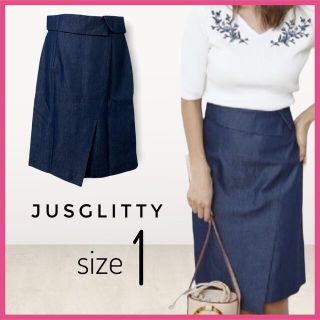 ジャスグリッティー(JUSGLITTY)の【JUSGLITTY】デニムタイトスカート　ひざ丈　ウエスト切り替え裾スリット(ひざ丈スカート)