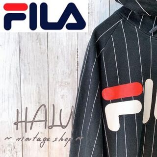 フィラ(FILA)のFILA フィラ ストライプ ビックロゴプリントパーカー 黒白 古着(パーカー)
