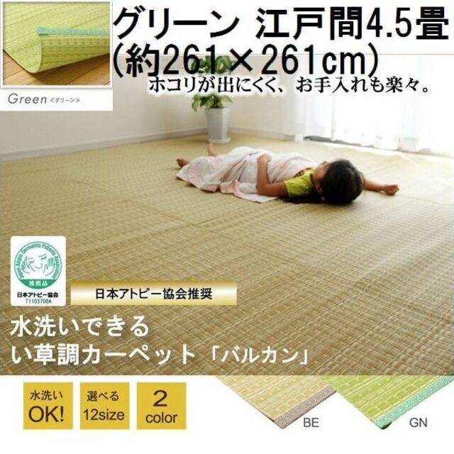 日本製 洗えるPPカーペット グリーン江戸間4.5畳 約261×261cm