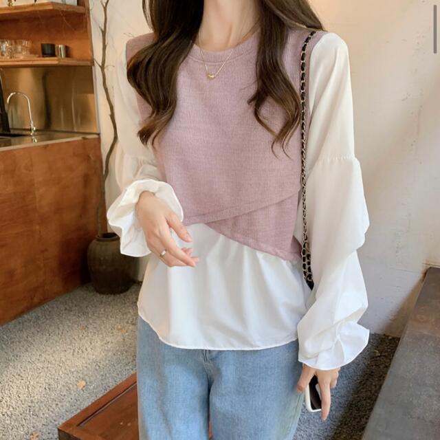 重ね着風　トップス　ブラウス ドッキング ニット　ピンク　春服　韓国　オフィス レディースのトップス(シャツ/ブラウス(長袖/七分))の商品写真