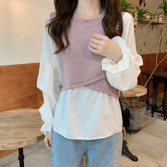 重ね着風　トップス　ブラウス ドッキング ニット　ピンク　春服　韓国　オフィス レディースのトップス(シャツ/ブラウス(長袖/七分))の商品写真