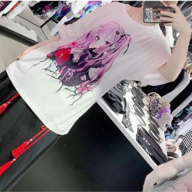 REFLEM【レフレム】negiコラボピンク髪少女袖レースアップデザインTシャツ