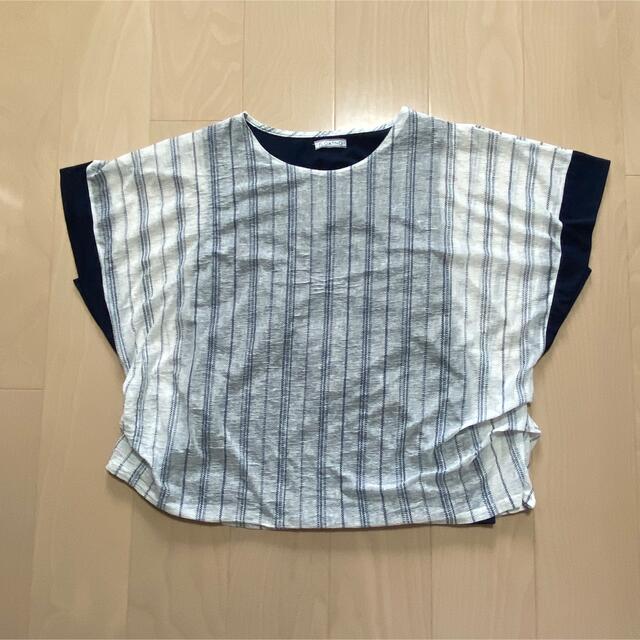 ◆重ね着風 Tブラウス ストライプ ホワイト×ネイビー 半袖 ３L 大きいサイズ レディースのトップス(Tシャツ(半袖/袖なし))の商品写真