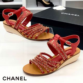 CHANEL - 4076 シャネル レザー ココマーク チェーン サンダル レッド CHANEL - 4076 シャネル レザー ココマーク チェーン サンダル レッド