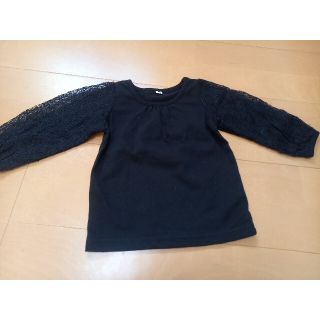 USED美品☆袖レースデザイン長袖カットソー☆黒80cm(シャツ/カットソー)