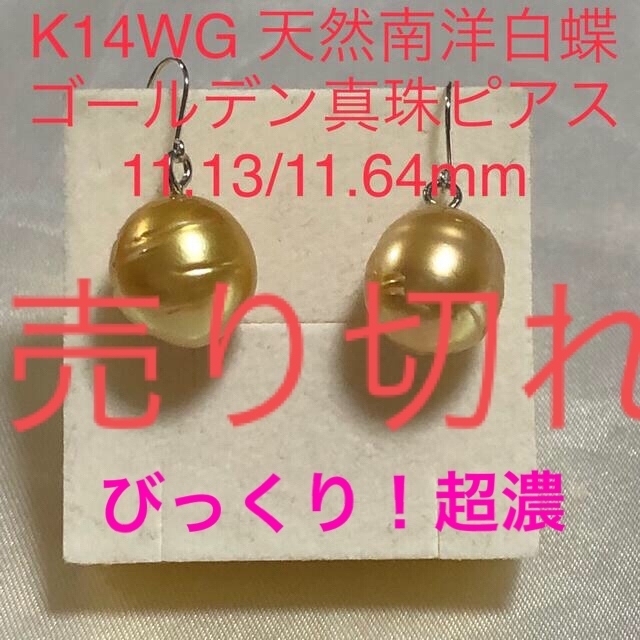 ピアスK14WG 天然南洋白蝶ゴールデン真珠ピアス　11.13/11,64mm