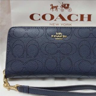 COACH - コーチ長財布 シグネチャー ネイビー ラグジュアリー レザー