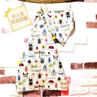 まーきん様　昆虫図鑑　生成り　エプロン＆三角巾＆巾着袋(外出用品)