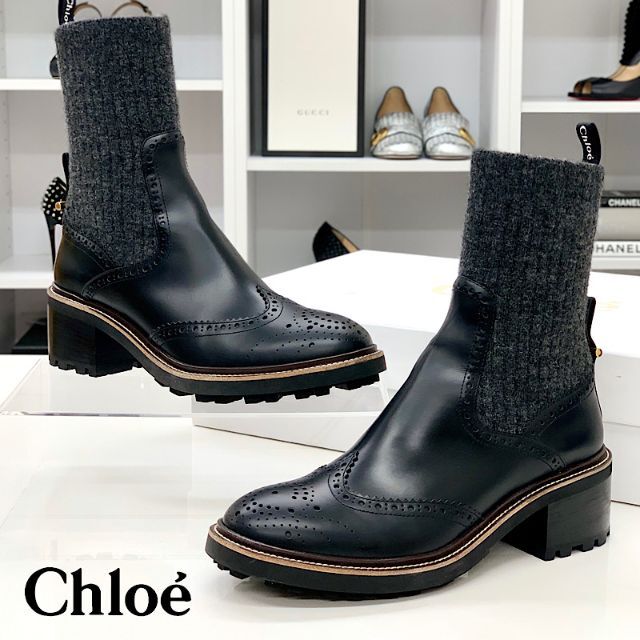 Chloe - 3766 クロエ レザー ウール ニット ショートブーツ ブラック グレーの通販 by mame's shop｜クロエならラクマ