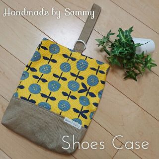 【Sale】上履き袋～北欧風ボタンフラワー×カーキベージュ(バッグ/レッスンバッグ)