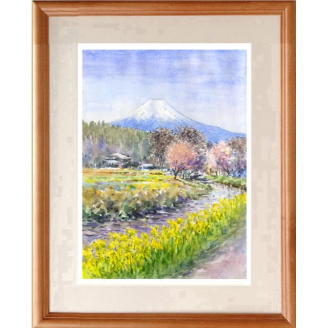 水彩画原画 富士山と菜の花 忍野村 ＃491 新しいスタイル tweedmill.co.uk