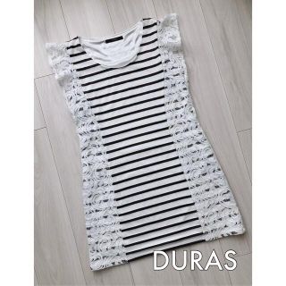 デュラス(DURAS)のDURAS デュラス 肩レースボーダーワンピース  チュニック フリーサイズ(ミニワンピース)