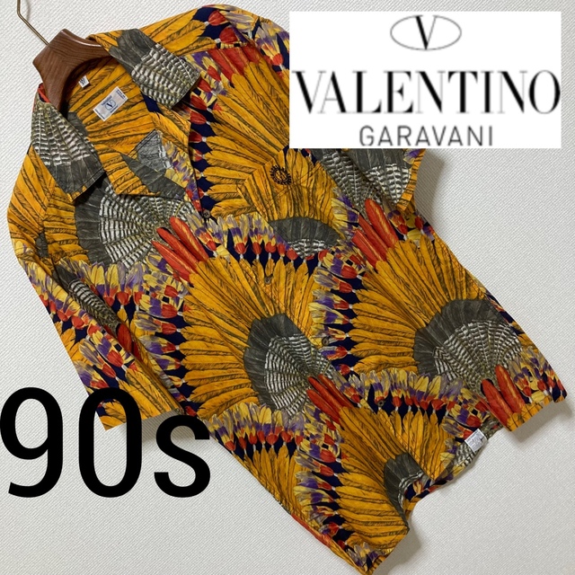 90s◆VALENTINO ヴァレンティノ◆オープンカラーフェザー アロハシャツ