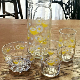 トウヨウササキガラス(東洋佐々木ガラス)のレトロレモン レトロポップ レモン柄 グラス ガラス 4点セット 新品(食器)