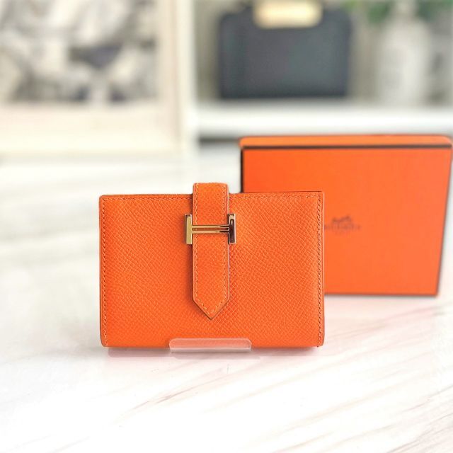 美品☆ エルメス ベアンミニ エプソン 折り財布 オレンジ □L刻印 保障