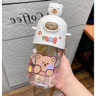 ストロー付きかわいい水筒 ホワイト 700ml クマ水筒 ホルダー付き水筒(水筒)