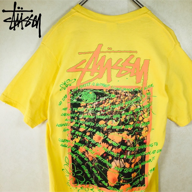 STUSSY(ステューシー)のSTUSSY ステューシー デカロゴ 花柄 蝶々 Tシャツ 黄色 Sサイズ メンズのトップス(Tシャツ/カットソー(半袖/袖なし))の商品写真