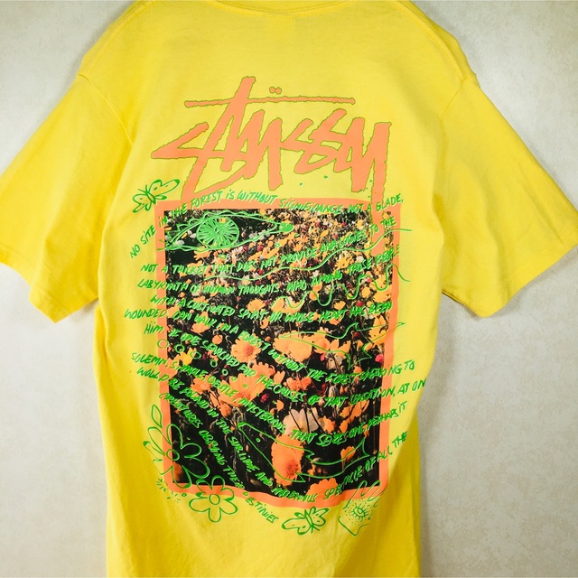 STUSSY(ステューシー)のSTUSSY ステューシー デカロゴ 花柄 蝶々 Tシャツ 黄色 Sサイズ メンズのトップス(Tシャツ/カットソー(半袖/袖なし))の商品写真