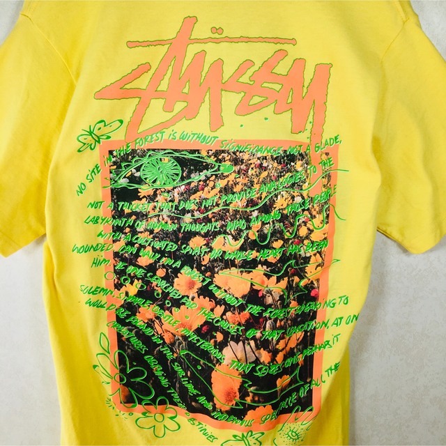 STUSSY(ステューシー)のSTUSSY ステューシー デカロゴ 花柄 蝶々 Tシャツ 黄色 Sサイズ メンズのトップス(Tシャツ/カットソー(半袖/袖なし))の商品写真