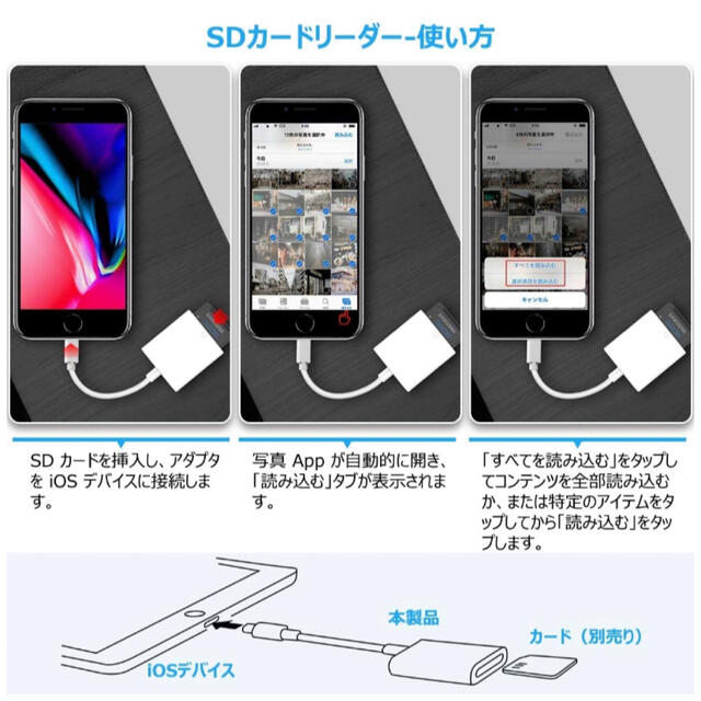  iPhone SDカードリーダー データ転送 Flashair不要 純正品同様 スマホ/家電/カメラのPC/タブレット(PC周辺機器)の商品写真