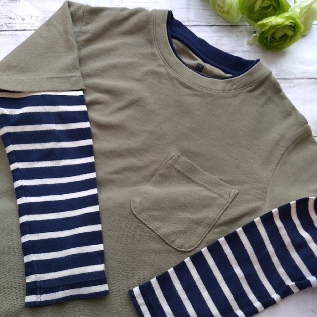 SHIPS(シップス)の2枚セット♥SHIPS＆UNIQLO ボーダー長袖ロンＴ 130 男の子 キッズ/ベビー/マタニティのキッズ服男の子用(90cm~)(Tシャツ/カットソー)の商品写真