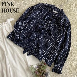 【美品】PINK HOUSE♡ロゴ入りリボン＆ドット♡リボンモチーフ付きブラウス