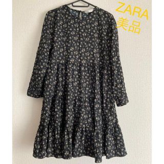 ザラ(ZARA)の【美品】ZARA フラワーワンピース ブラック（S） (ミニワンピース)