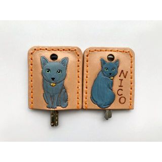 【オーダー品】ハンドメイド 本革 ロシアンブルー キーカバー 猫 グッズ(キーケース/名刺入れ)