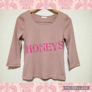 ハニーズ(HONEYS)の美品 Honeys スクエアネックＴシャツ S ピンク リブカットソー トップス(カットソー(長袖/七分))