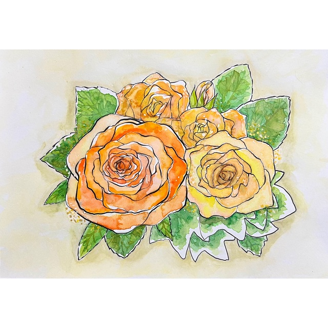 暖かなバラの花　A4サイズ　水彩画