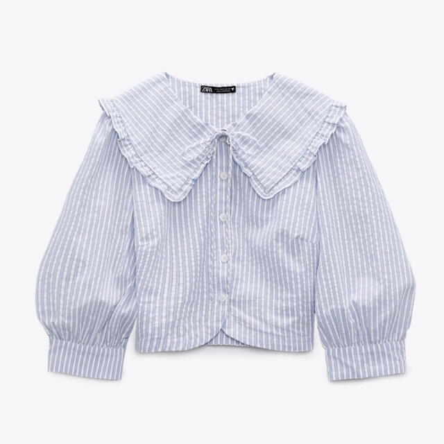 ZARA(ザラ)のzara フリル 襟 ストライプ ブラウス シャツ 5分袖 レディースのトップス(シャツ/ブラウス(半袖/袖なし))の商品写真