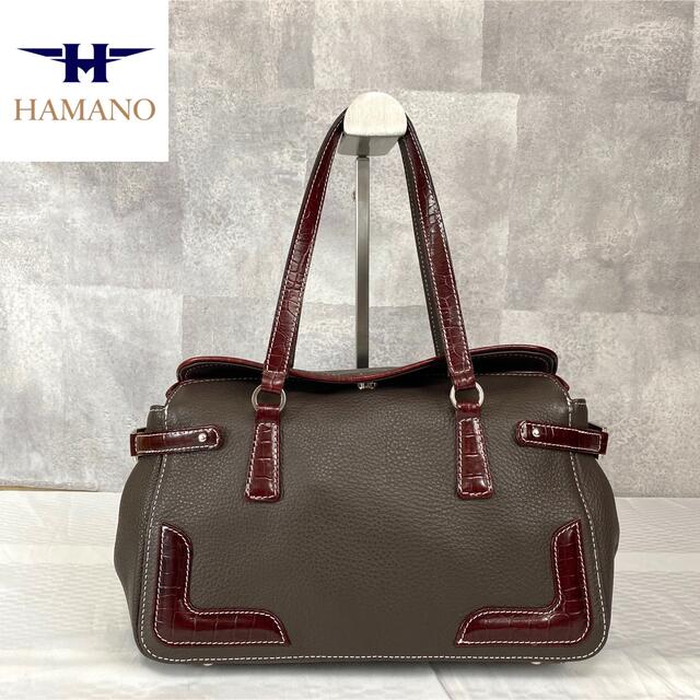 【美品】HAMANO 濱野皮革工藝 チョコブラウン×ボルドー レザーハンドバッグ