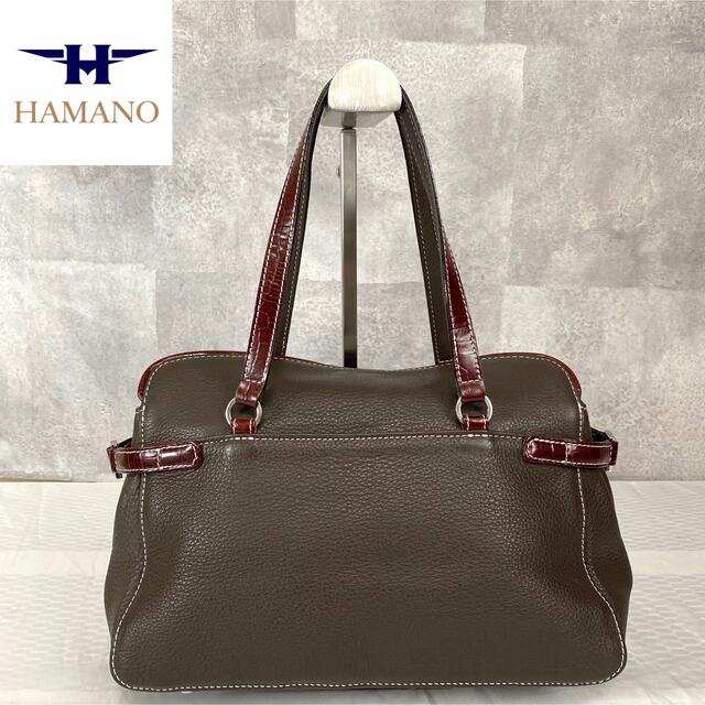 濱野皮革工藝/HAMANO(ハマノヒカクコウゲイ)の【美品】HAMANO 濱野皮革工藝 チョコブラウン×ボルドー レザーハンドバッグ レディースのバッグ(ハンドバッグ)の商品写真