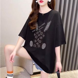 ブラックL★キラキラモノグラム柄ラビットビッグシルエットTシャツ(Tシャツ(半袖/袖なし))