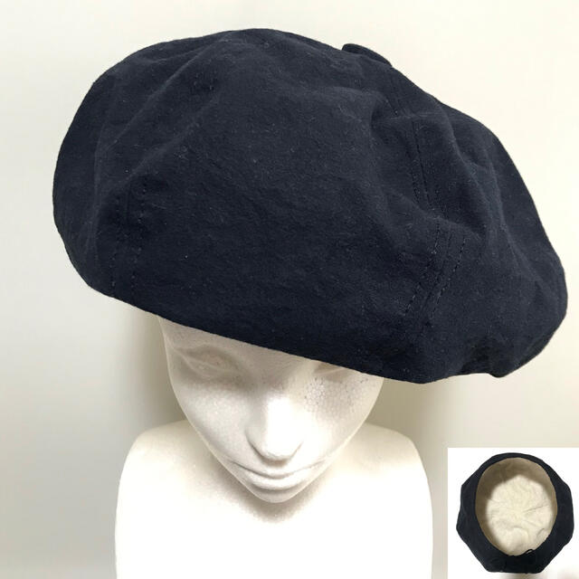 黒 リネン コットン ベレー帽 ハンドメイド サイズ調節 綿麻
