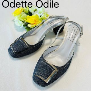 オデットエオディール(Odette e Odile)のOdette Odile デニム×白ステッチ　サンダル　太ヒール　シルバーベルト(サンダル)