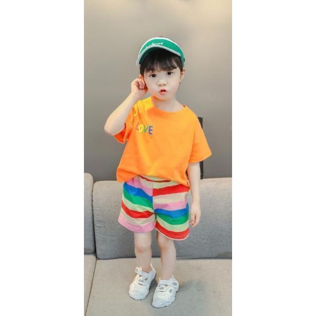 キッズセットアップ　ニコニコ向日葵 Tシャツ　ショートパンツ　夏服オレンジ120 キッズ/ベビー/マタニティのキッズ服女の子用(90cm~)(Tシャツ/カットソー)の商品写真