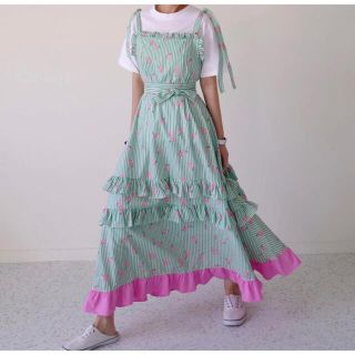 スワンキス(Swankiss)のgreen stripe flower dress(ロングワンピース/マキシワンピース)