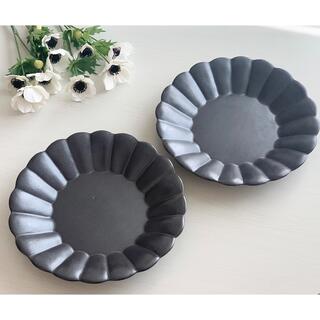 【新品】益子焼　花型　大皿セット　和食器　陶器　菊皿　花皿　菊型　作家器　黒(食器)