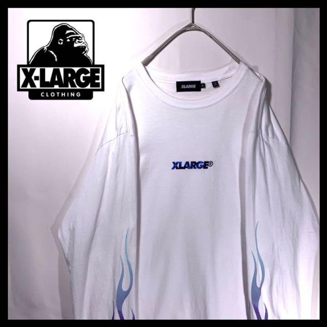 XLARGE ロングTシャツ 白 紫 ファイヤーパターン 袖ロゴ M