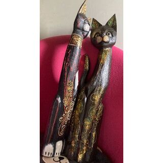 アジアンバリ雑貨BIGサイズ(天地60cm)ペアキャット2体バリ猫ネコ ...