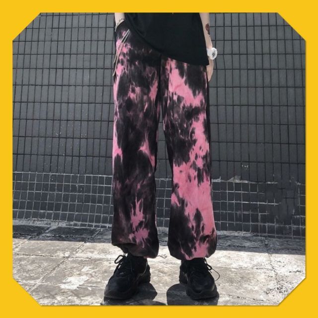 イージーパンツ タイダイ柄 ワイドパンツ ストレートパンツ ピンク Lの