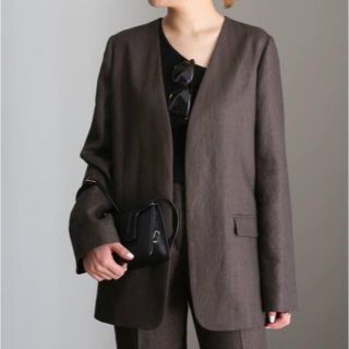 ドゥーズィエムクラス(DEUXIEME CLASSE)のLinen Collarless ブレザー　ブラウン(ノーカラージャケット)