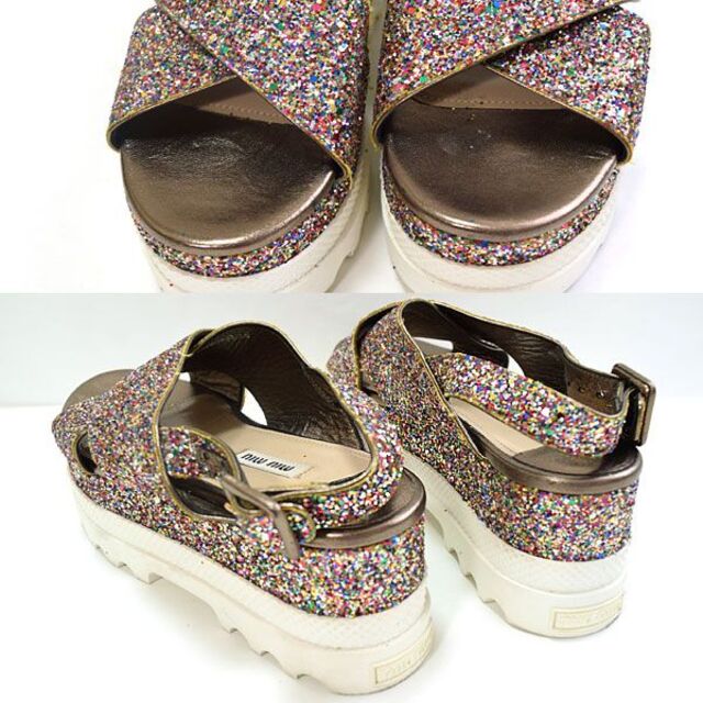 ミュウミュウ■美品 バックロゴ入りラメグリッターサンダル ウェッジソール 25